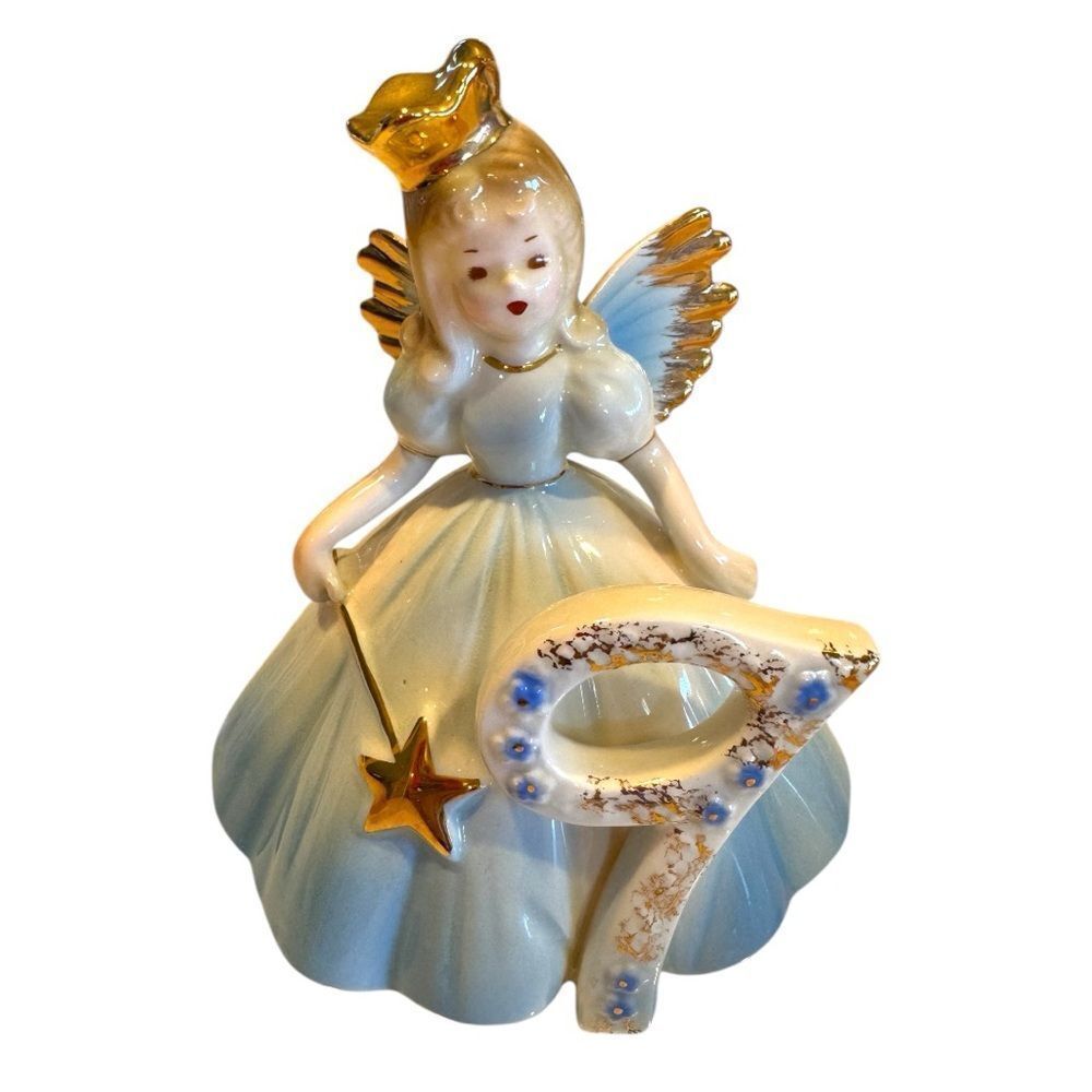 Josef Originals 9th Birthday Angel Girl Vintage Ceramic Figurine Blue Gold